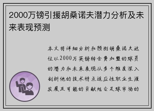 2000万镑引援胡桑诺夫潜力分析及未来表现预测